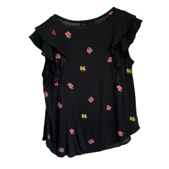 LOFT Black Floral Ruffle Sleeve Blouse Size L Feminine Chic Office Cute - Picture 3 of 9